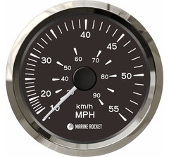 Спидометр манометрический 0-55 MPH, черный циферблат, нержавеющий ободок, д. 85 мм, Marine Rocket