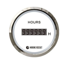 Счетчик моточасов цифровой 0-99999, 9 ч., белый циферблат, нерж. ободок, д. 52 мм, Marine Rocket